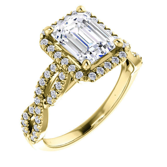 Emerald / Radiant Moissanite Halo Engagement Ring with Twisted Ban