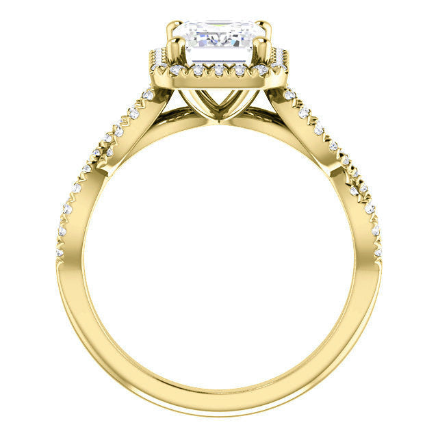Emerald / Radiant Moissanite Halo Engagement Ring with Twisted Ban