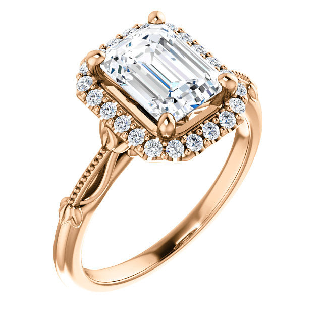 Halo and Floral Accents Emerald / Radiant cut Moissanite Engagement