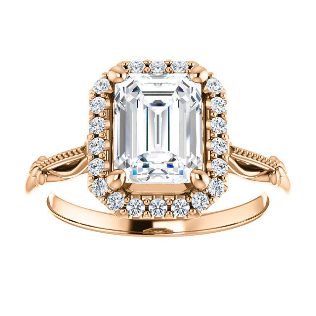 Halo and Floral Accents Emerald / Radiant cut Moissanite Engagement
