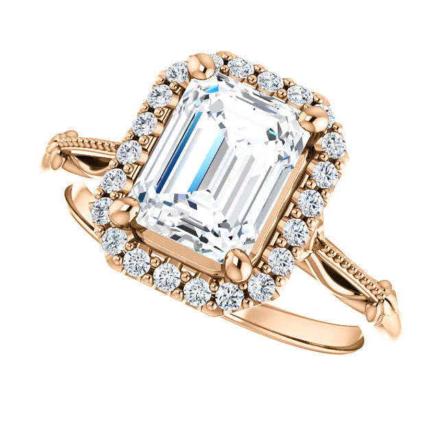 Halo and Floral Accents Emerald / Radiant cut Moissanite Engagement