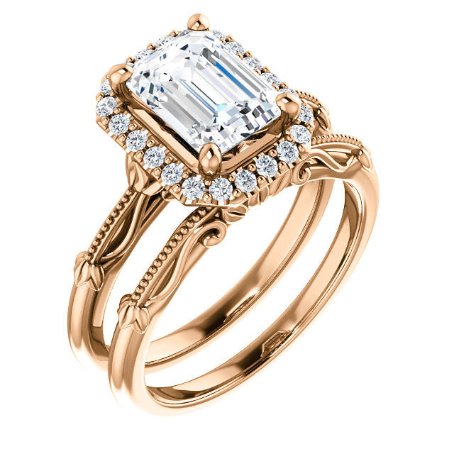 Halo and Floral Accents Emerald / Radiant cut Moissanite Engagement