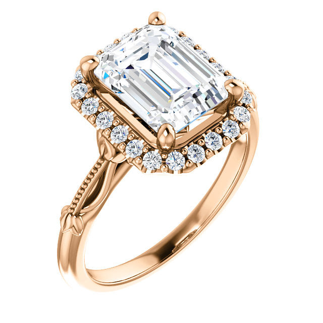 Halo and Floral Accents Emerald / Radiant cut Moissanite Engagement