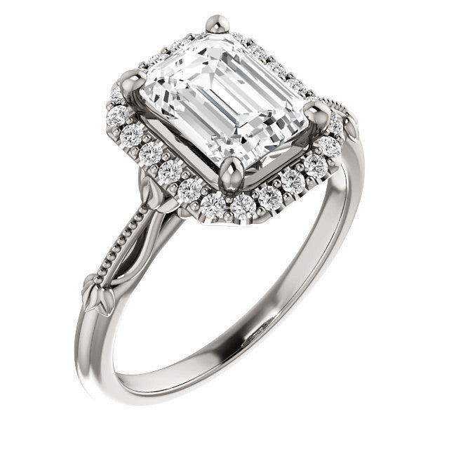 Halo and Floral Accents Emerald / Radiant cut Moissanite Engagement