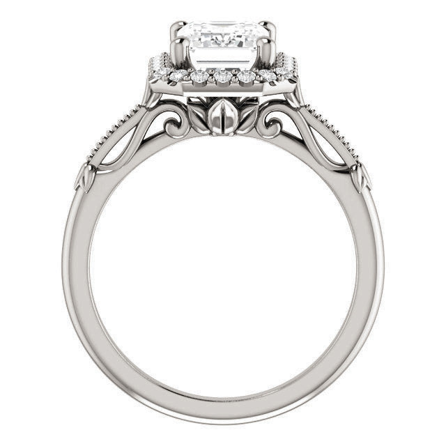 Halo and Floral Accents Emerald / Radiant cut Moissanite Engagement