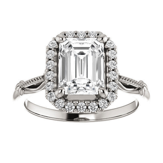 Halo and Floral Accents Emerald / Radiant cut Moissanite Engagement