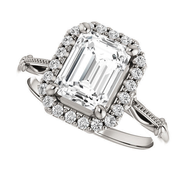 Halo and Floral Accents Emerald / Radiant cut Moissanite Engagement