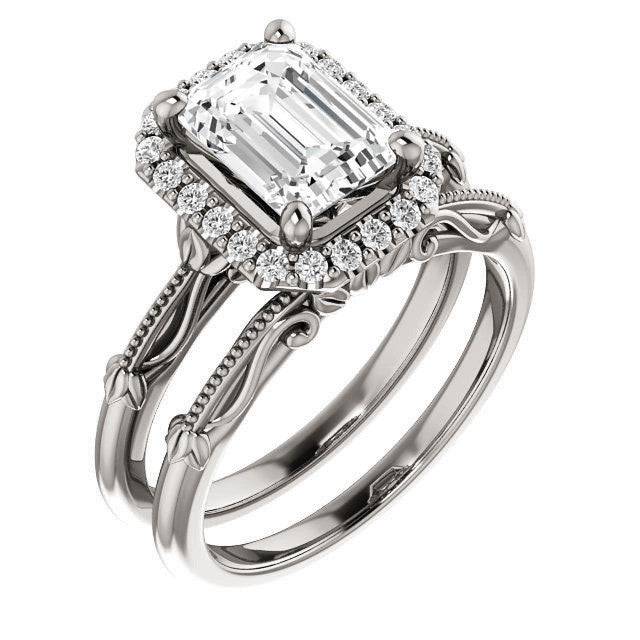 Halo and Floral Accents Emerald / Radiant cut Moissanite Engagement