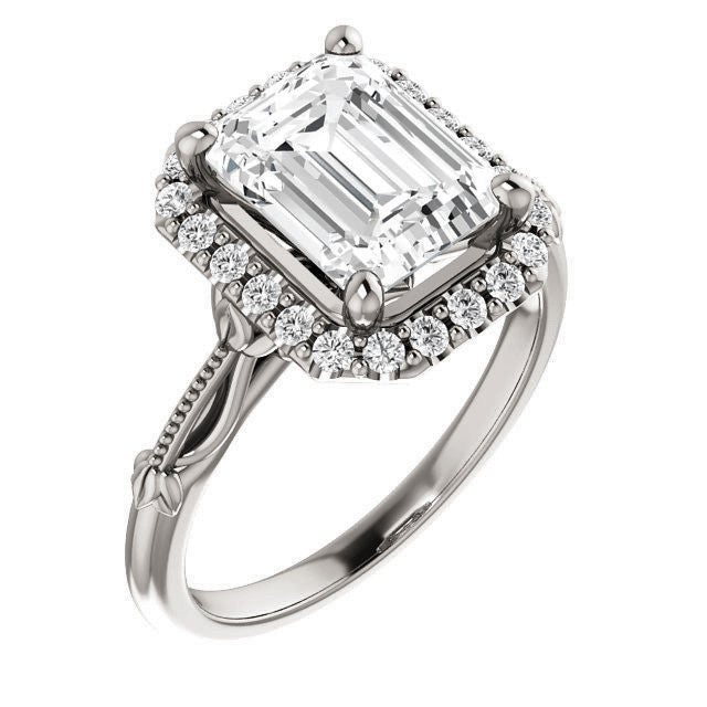 Halo and Floral Accents Emerald / Radiant cut Moissanite Engagement