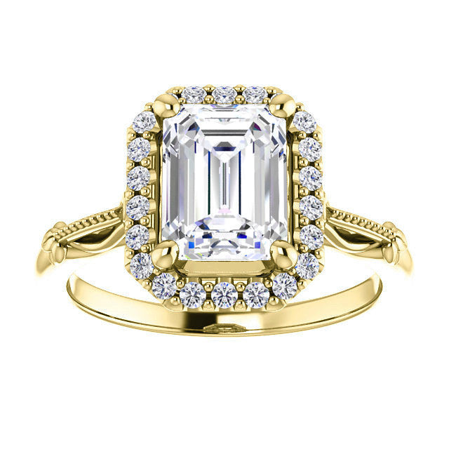 Halo and Floral Accents Emerald / Radiant cut Moissanite Engagement