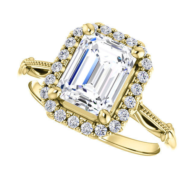Halo and Floral Accents Emerald / Radiant cut Moissanite Engagement