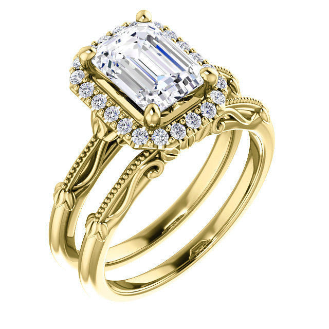 Halo and Floral Accents Emerald / Radiant cut Moissanite Engagement
