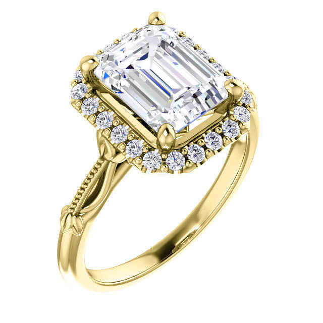 Halo and Floral Accents Emerald / Radiant cut Moissanite Engagement