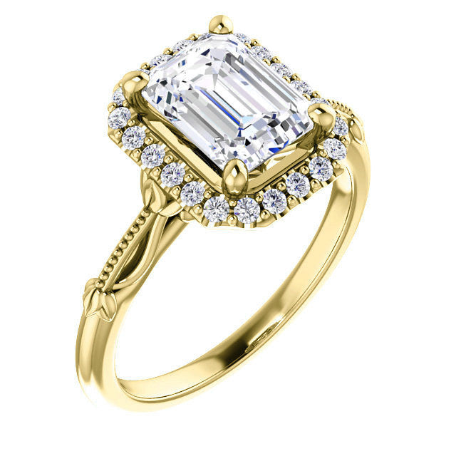 Halo and Floral Accents Emerald / Radiant cut Moissanite Engagement