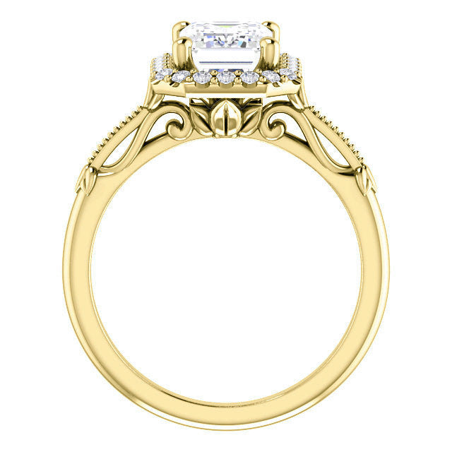 Halo and Floral Accents Emerald / Radiant cut Moissanite Engagement