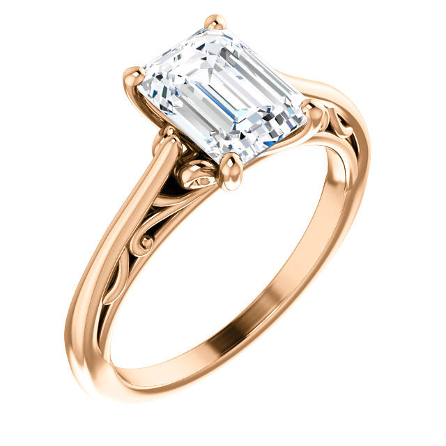 Emerald / Radiant Scroll Accent Cathedral Moissanite Solitaire Ring