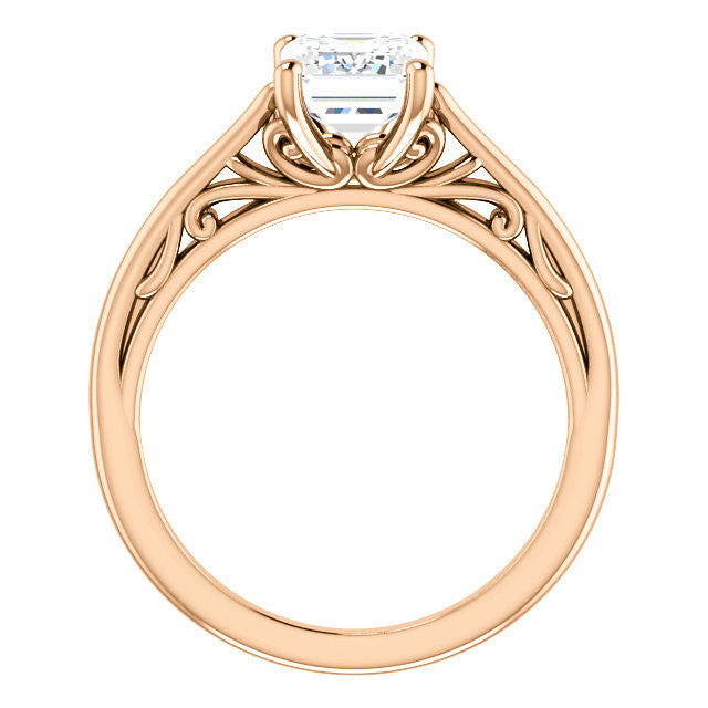 Emerald / Radiant Scroll Accent Cathedral Moissanite Solitaire Ring