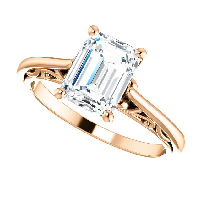 Emerald / Radiant Scroll Accent Cathedral Moissanite Solitaire Ring