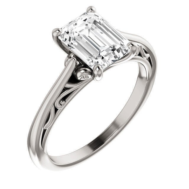 Emerald / Radiant Scroll Accent Cathedral Moissanite Solitaire Ring
