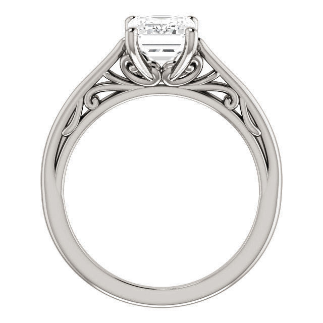 Emerald / Radiant Scroll Accent Cathedral Moissanite Solitaire Ring
