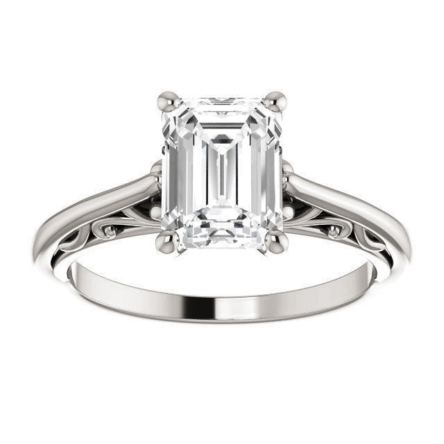 Emerald / Radiant Scroll Accent Cathedral Moissanite Solitaire Ring