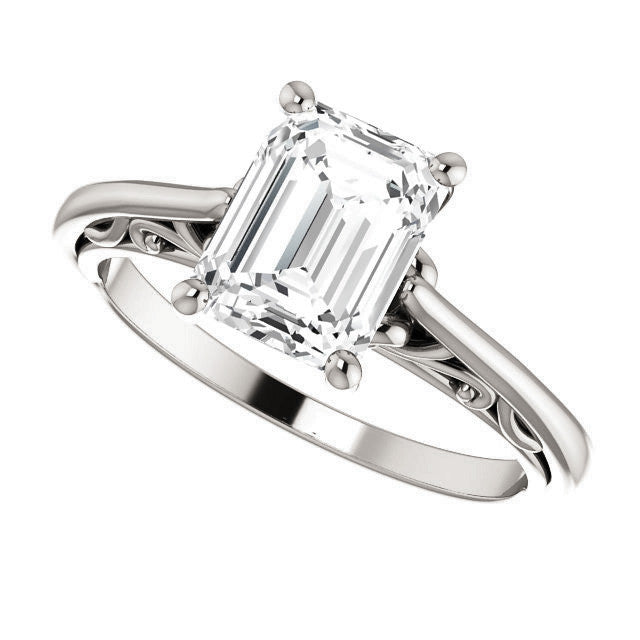 Emerald / Radiant Scroll Accent Cathedral Moissanite Solitaire Ring