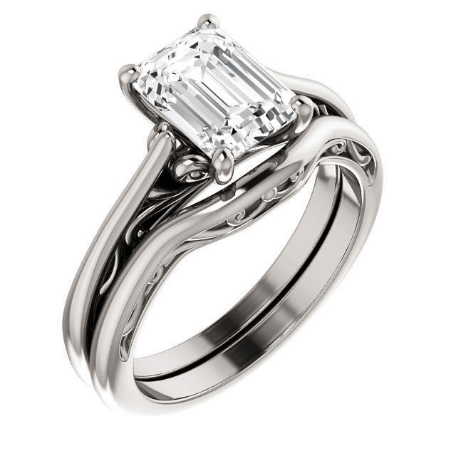 Emerald / Radiant Scroll Accent Cathedral Moissanite Solitaire Ring