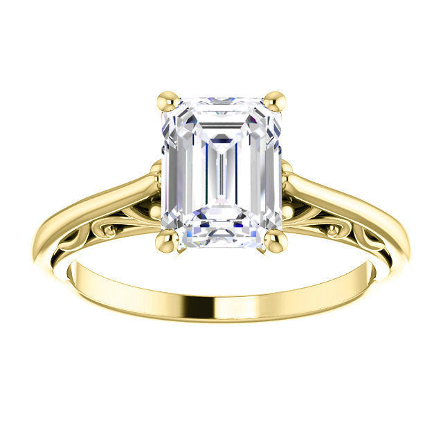 Emerald / Radiant Scroll Accent Cathedral Moissanite Solitaire Ring