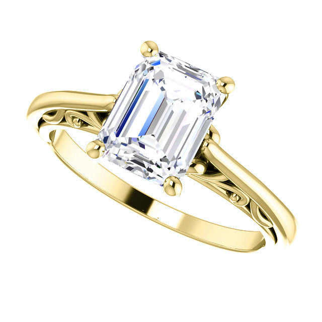 Emerald / Radiant Scroll Accent Cathedral Moissanite Solitaire Ring