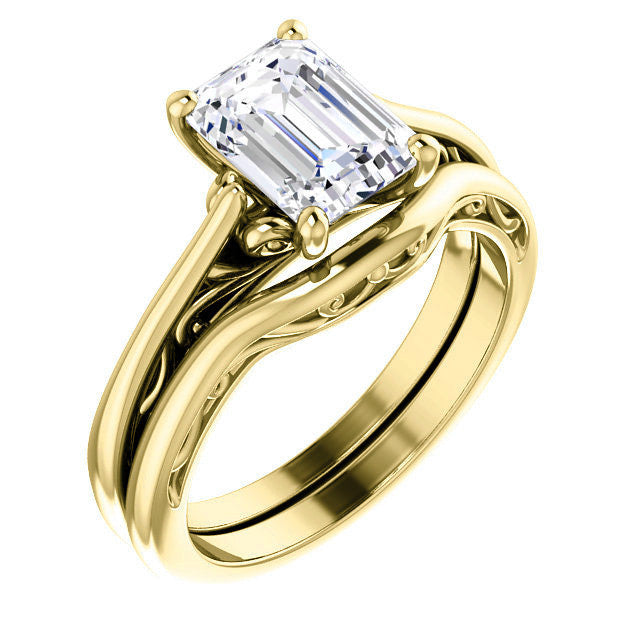Emerald / Radiant Scroll Accent Cathedral Moissanite Solitaire Ring