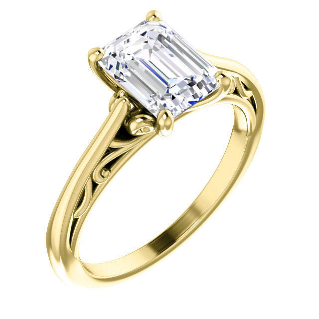 Emerald / Radiant Scroll Accent Cathedral Moissanite Solitaire Ring