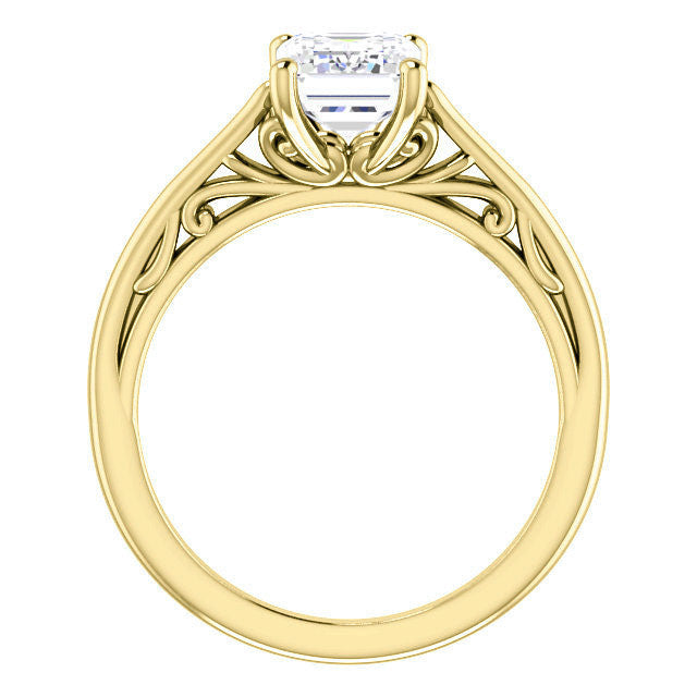 Emerald / Radiant Scroll Accent Cathedral Moissanite Solitaire Ring