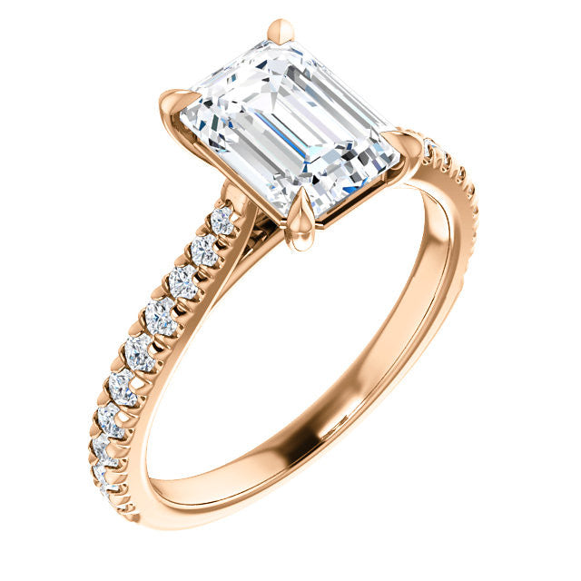 Cathedral Emerald / Radiant Moissanite Eng Ring with Claw Prongs