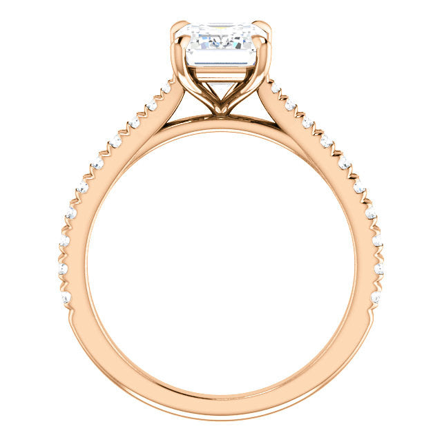 Cathedral Emerald / Radiant Moissanite Eng Ring with Claw Prongs