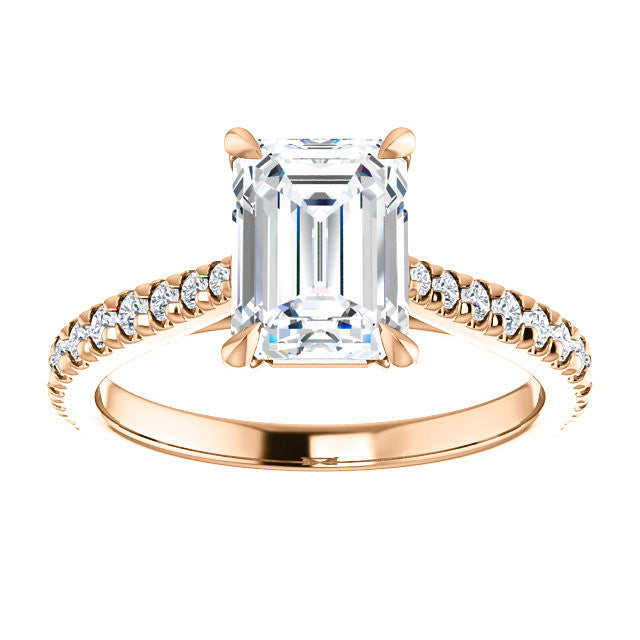 Cathedral Emerald / Radiant Moissanite Eng Ring with Claw Prongs