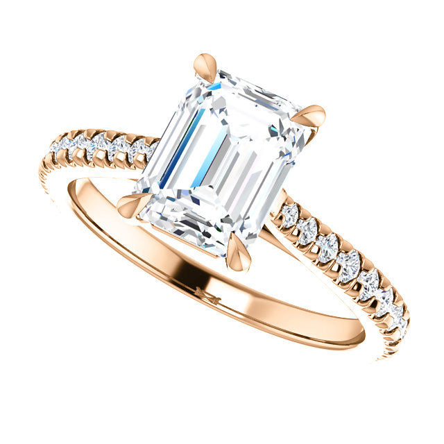 Cathedral Emerald / Radiant Moissanite Eng Ring with Claw Prongs