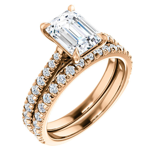 Cathedral Emerald / Radiant Moissanite Eng Ring with Claw Prongs