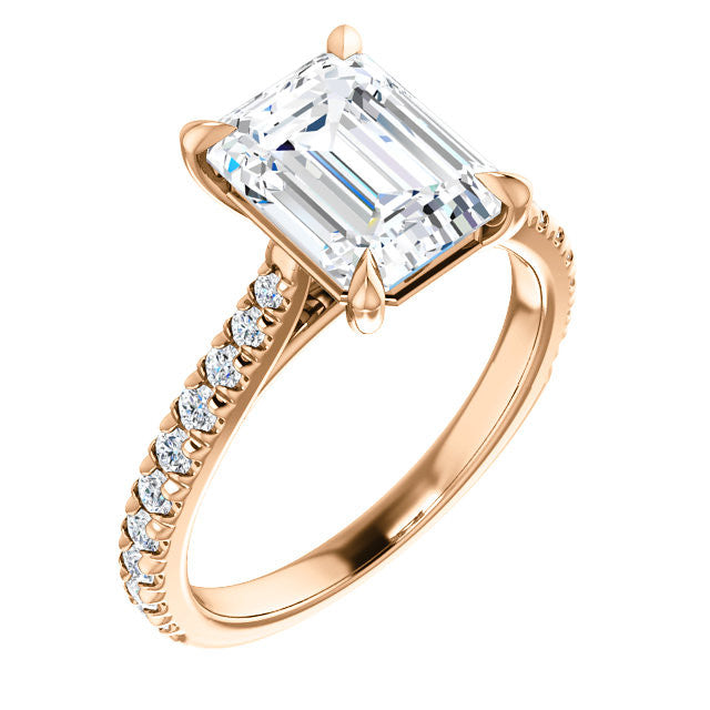 Cathedral Emerald / Radiant Moissanite Eng Ring with Claw Prongs