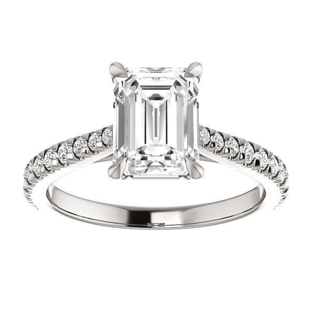 Cathedral Emerald / Radiant Moissanite Eng Ring with Claw Prongs