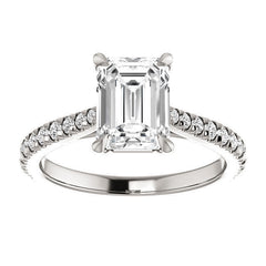 Cathedral Emerald / Radiant Moissanite Eng Ring with Claw Prongs