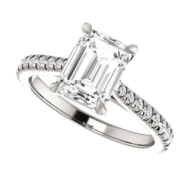 Cathedral Emerald / Radiant Moissanite Eng Ring with Claw Prongs