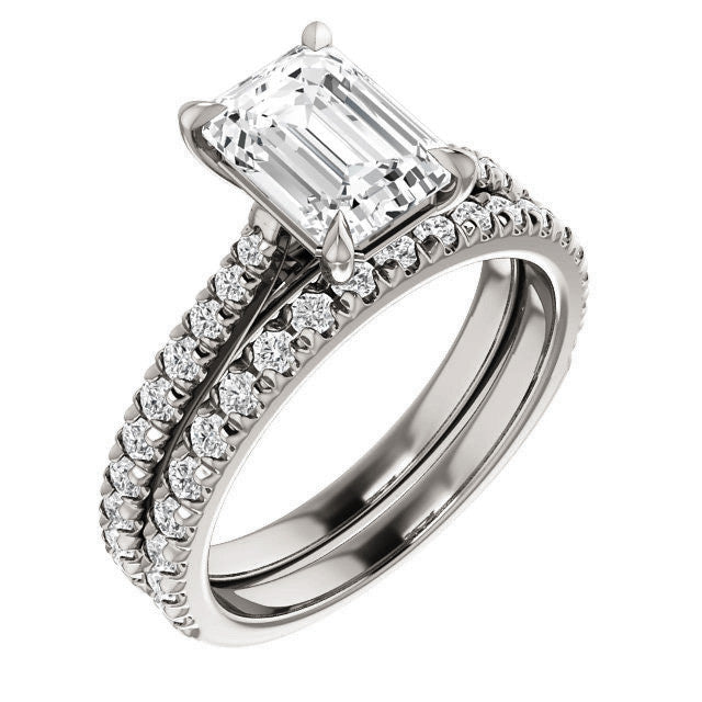 Cathedral Emerald / Radiant Moissanite Eng Ring with Claw Prongs