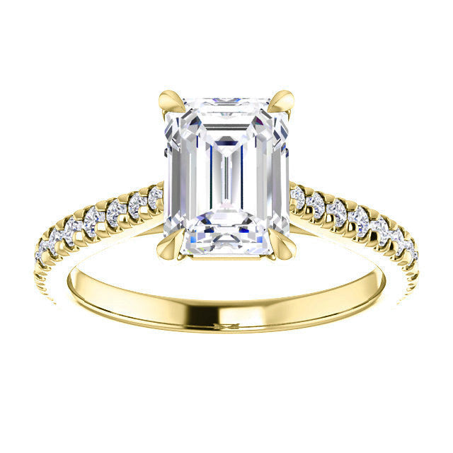 Cathedral Emerald / Radiant Moissanite Eng Ring with Claw Prongs