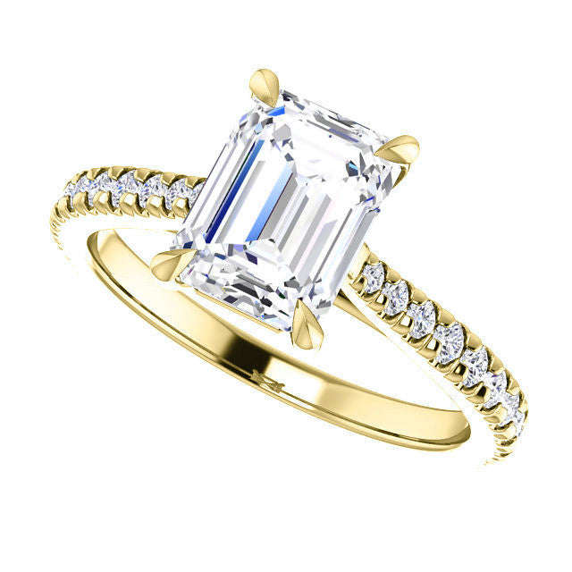 Cathedral Emerald / Radiant Moissanite Eng Ring with Claw Prongs