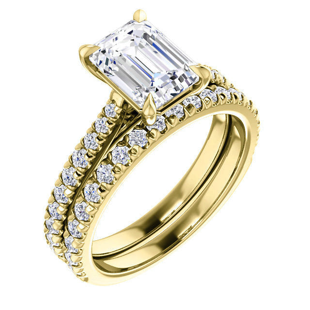 Cathedral Emerald / Radiant Moissanite Eng Ring with Claw Prongs