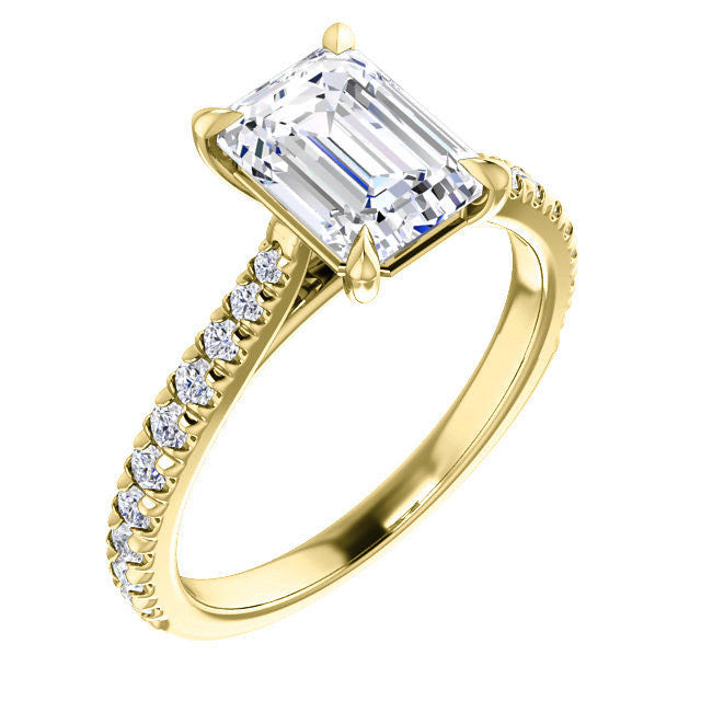 Cathedral Emerald / Radiant Moissanite Eng Ring with Claw Prongs