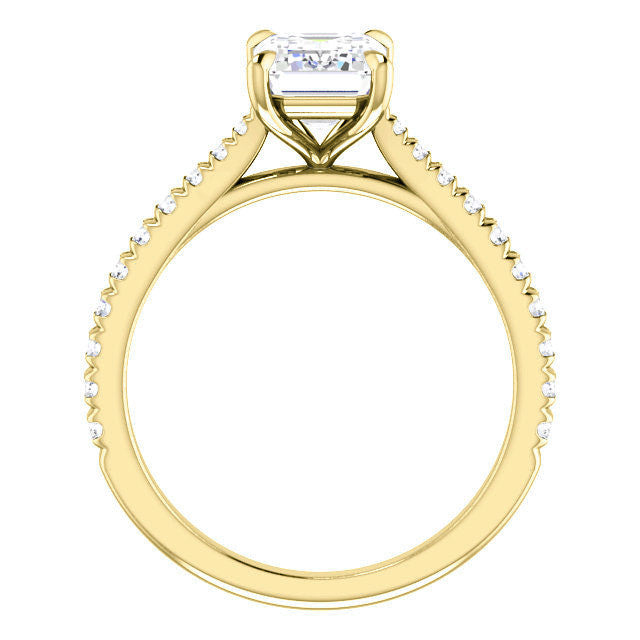 Cathedral Emerald / Radiant Moissanite Eng Ring with Claw Prongs