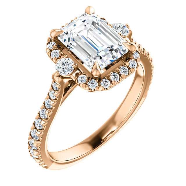 Emerald / Radiant Moissanite Cathedral Halo Engagement Ring with Claw Prongs