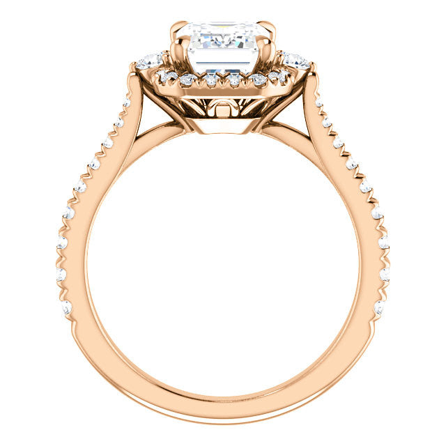 Emerald / Radiant Moissanite Cathedral Halo Engagement Ring with Claw Prongs