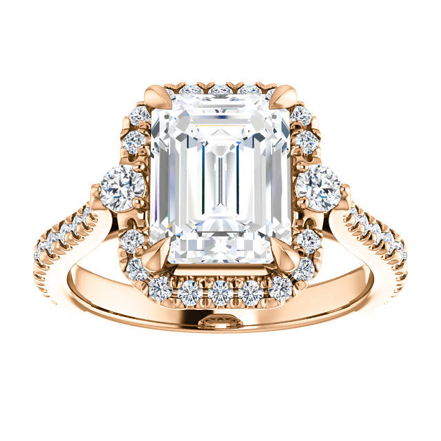 Emerald / Radiant Moissanite Cathedral Halo Engagement Ring with Claw Prongs
